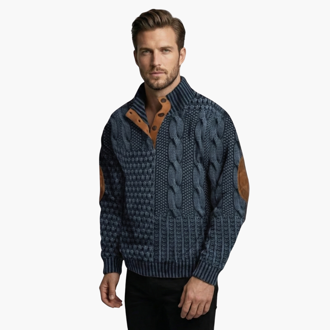 Phoebe | Elegant Men's Cable Knit Sweater With Buttoned Mock Neck