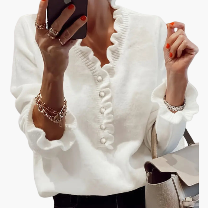 Eloise | Elegant White Ruffle Collar Pullover With Pearl Buttons