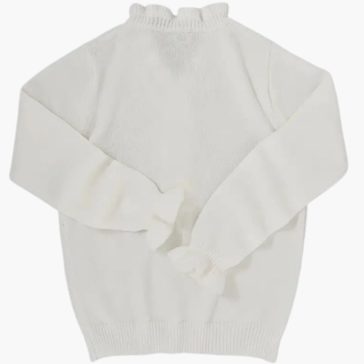 Eloise | Elegant White Ruffle Collar Pullover With Pearl Buttons