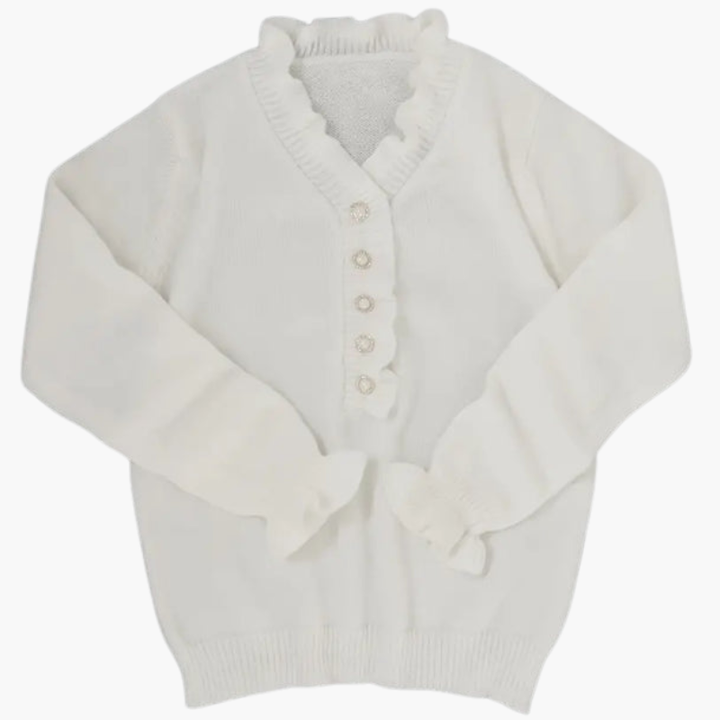 Eloise | Elegant White Ruffle Collar Pullover With Pearl Buttons