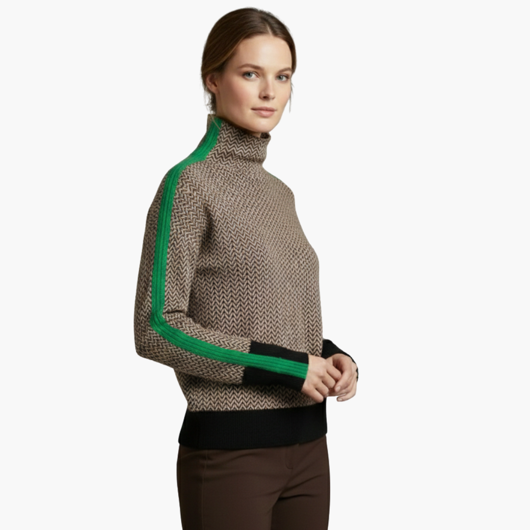Penelope | Elegant Chevron Turtleneck Sweater With Orange Accents