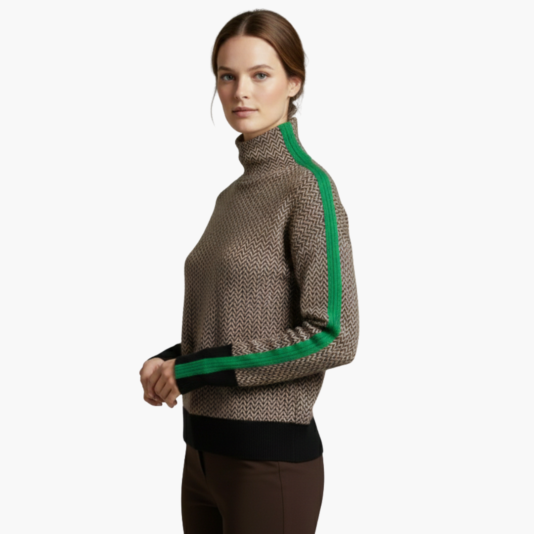 Penelope | Elegant Chevron Turtleneck Sweater With Orange Accents