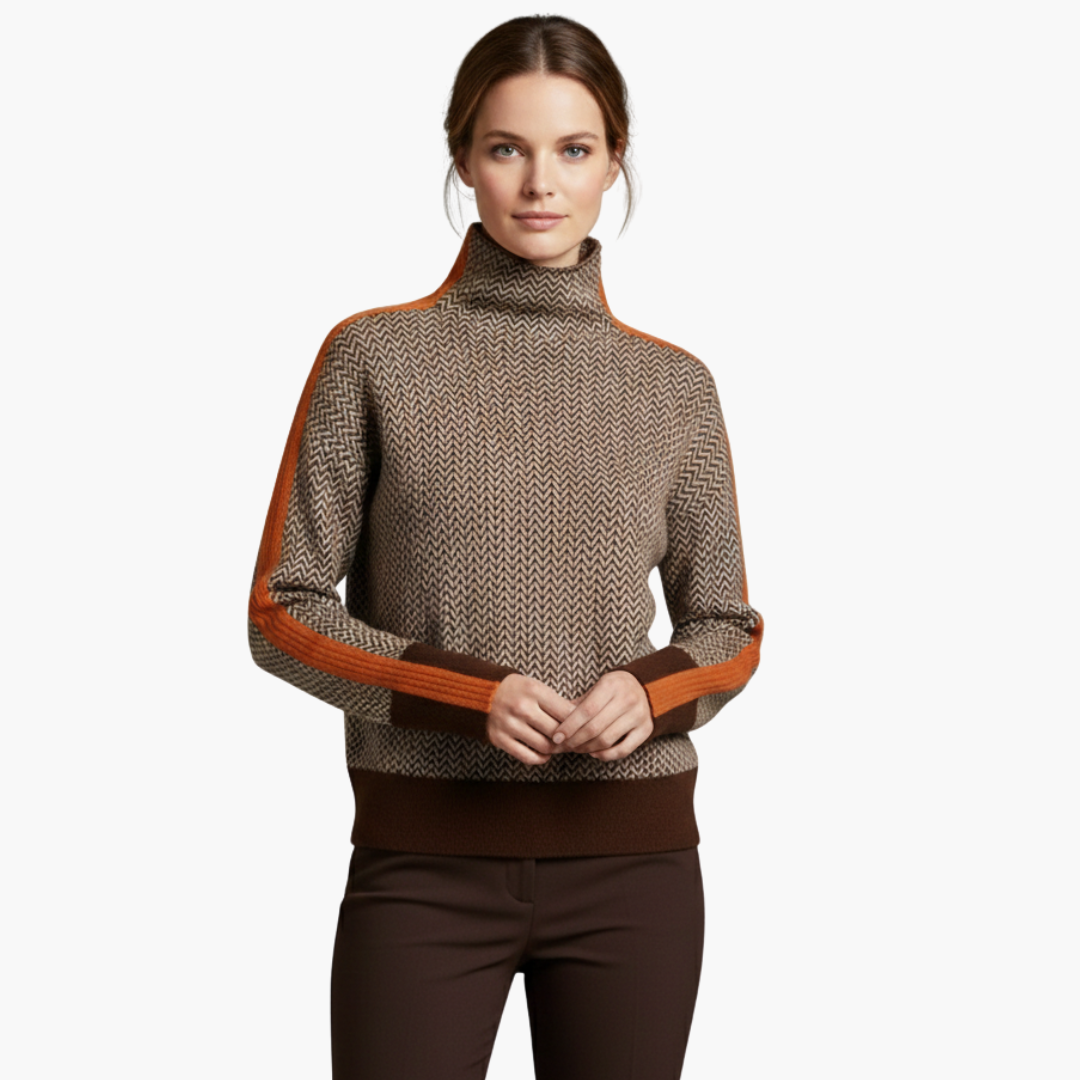 Quinn | Chic Herringbone Turtleneck Pullover With Orange Accents