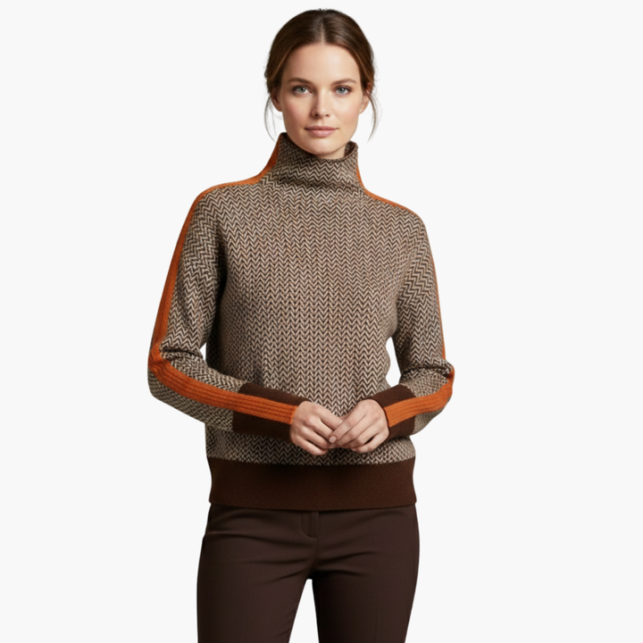 Quinn | Chic Herringbone Turtleneck Pullover With Orange Accents