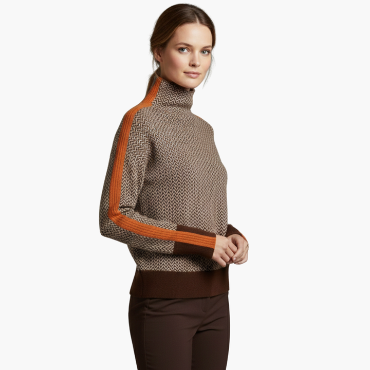 Penelope | Elegant Chevron Turtleneck Sweater With Orange Accents