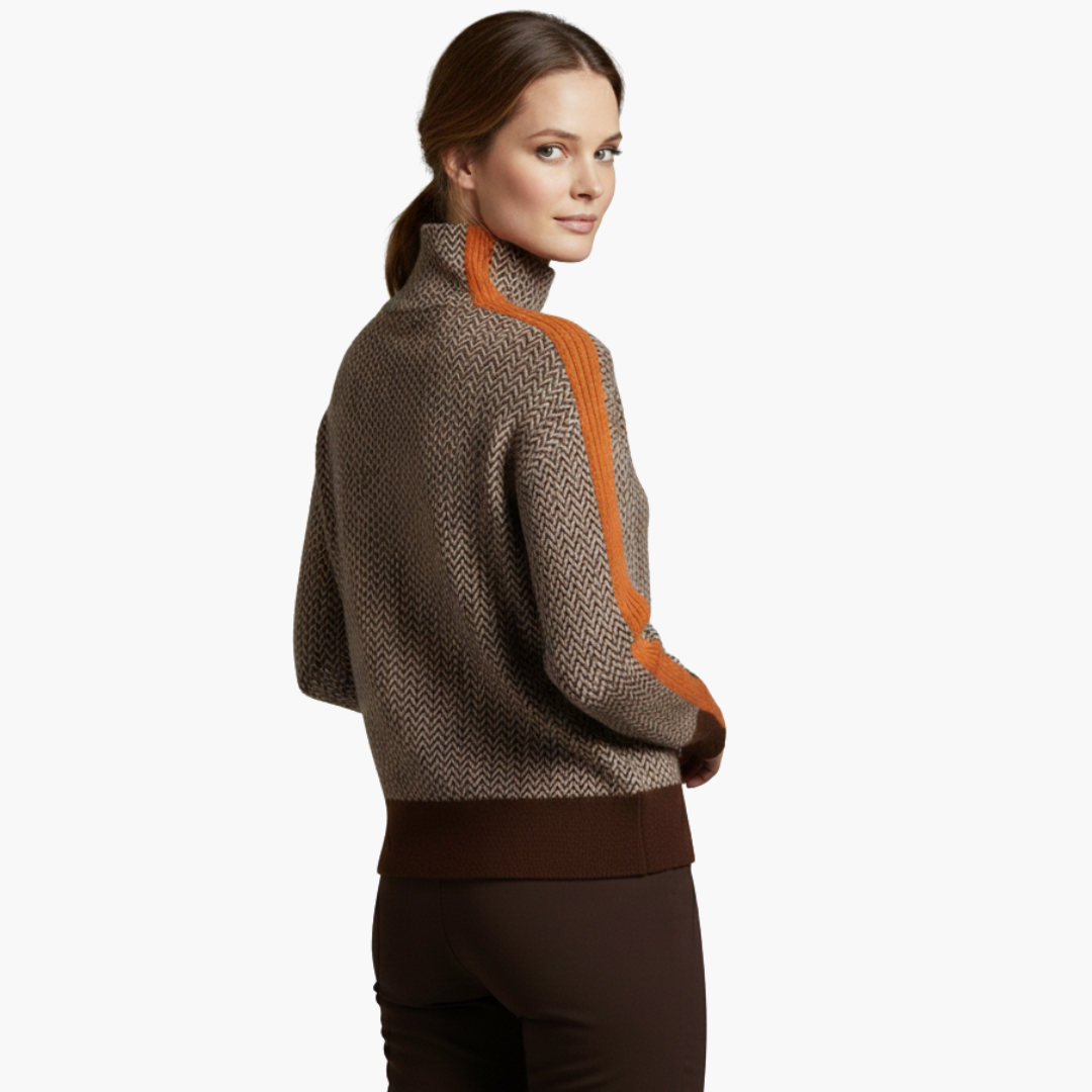 Penelope | Elegant Chevron Turtleneck Sweater With Orange Accents