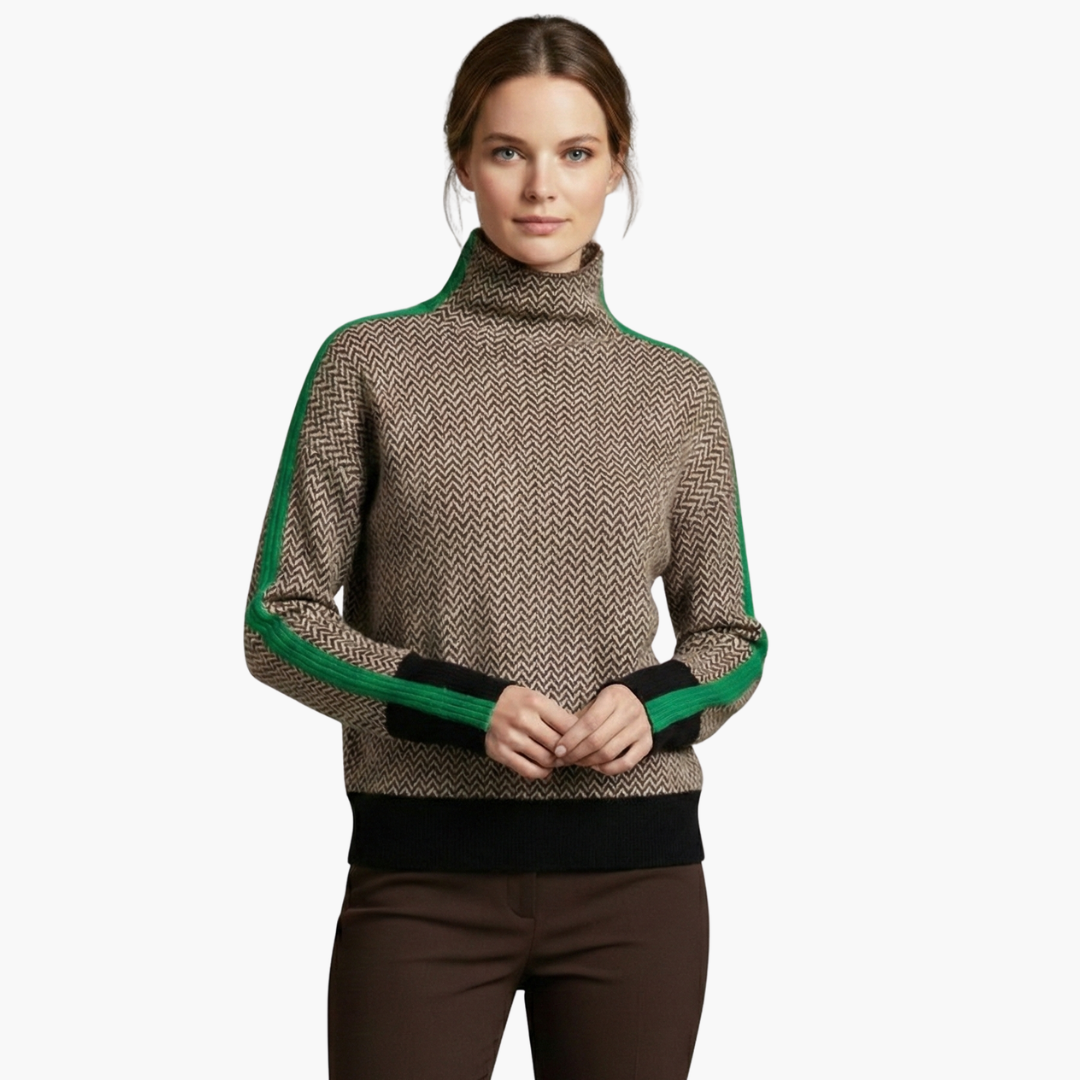 Penelope | Elegant Chevron Turtleneck Sweater With Orange Accents