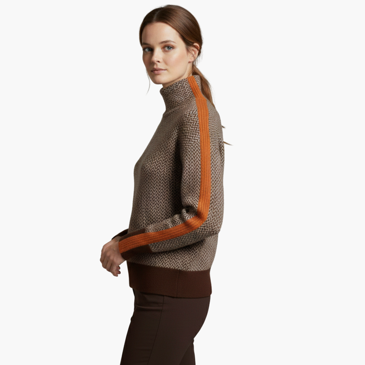 Penelope | Elegant Chevron Turtleneck Sweater With Orange Accents