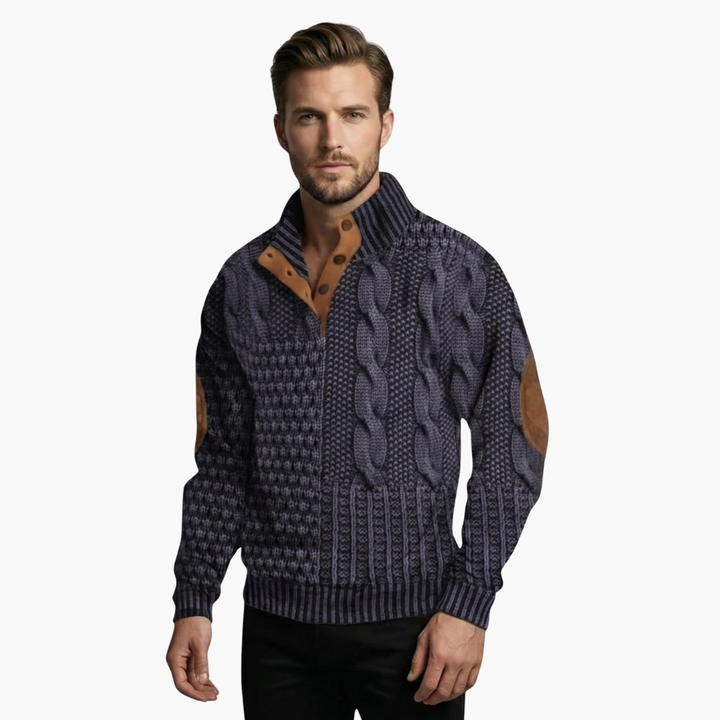 Phoebe | Elegant Men's Cable Knit Sweater With Buttoned Mock Neck