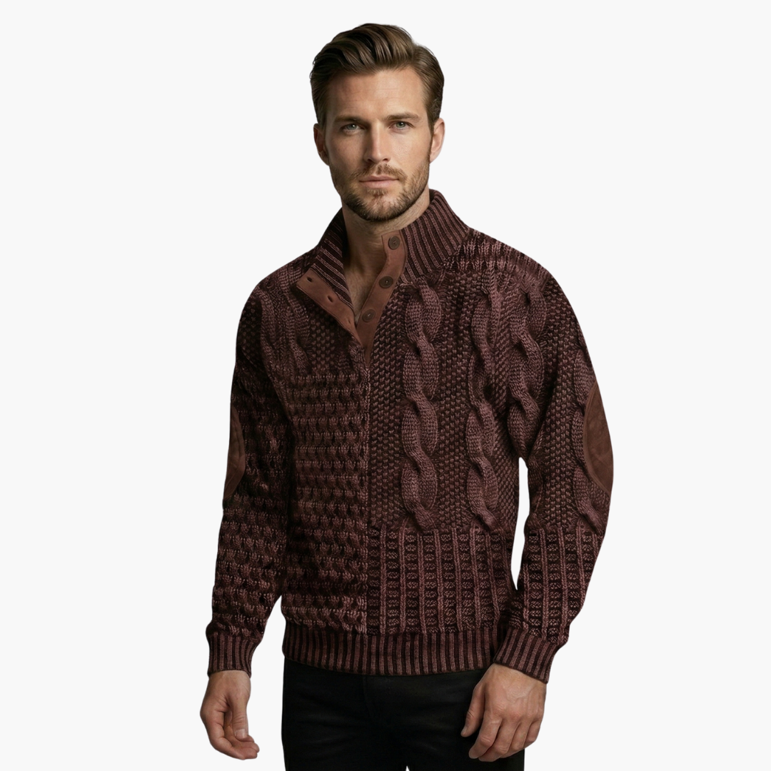 Phoebe | Elegant Men's Cable Knit Sweater With Buttoned Mock Neck