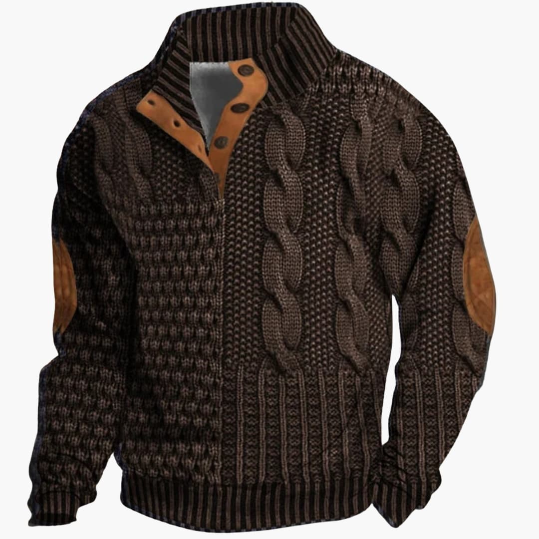 Phoebe | Elegant Men's Cable Knit Sweater With Buttoned Mock Neck
