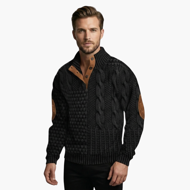 Phoebe | Elegant Men's Cable Knit Sweater With Buttoned Mock Neck