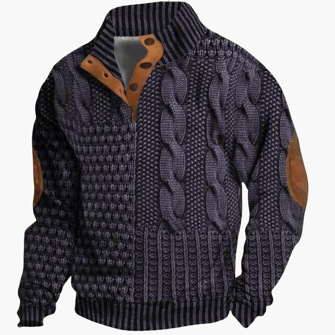 Phoebe | Elegant Men's Cable Knit Sweater With Buttoned Mock Neck