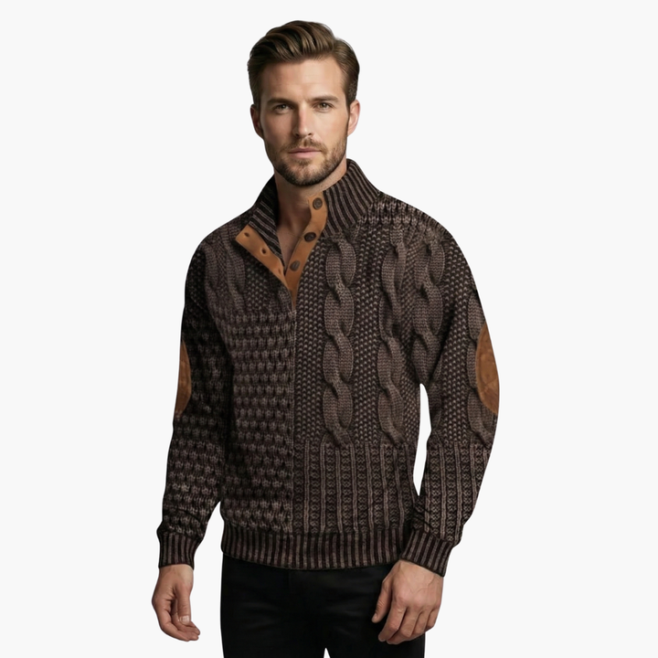 Phoebe | Elegant Men's Cable Knit Sweater With Buttoned Mock Neck