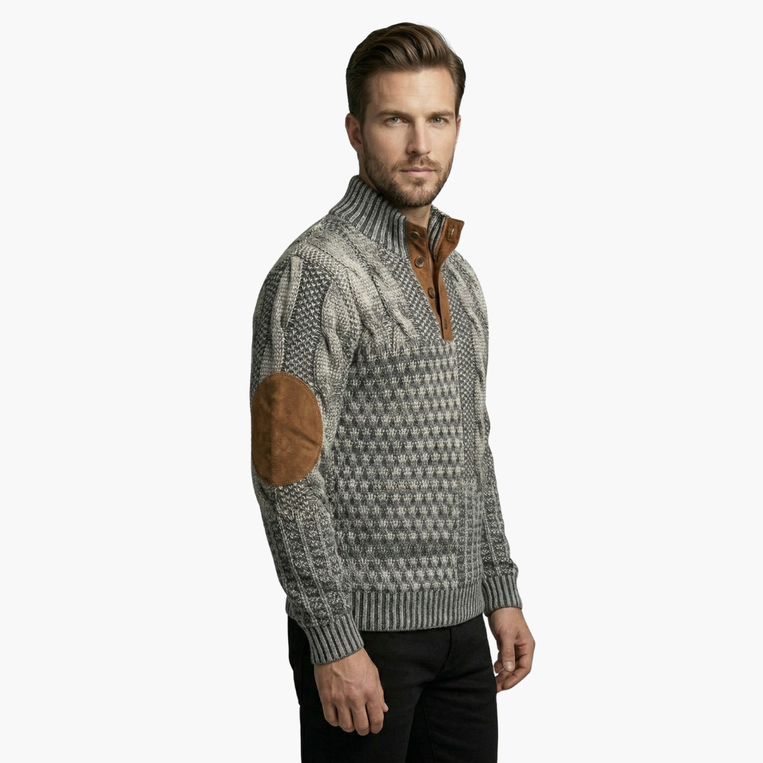 Phoebe | Elegant Men's Cable Knit Sweater With Buttoned Mock Neck