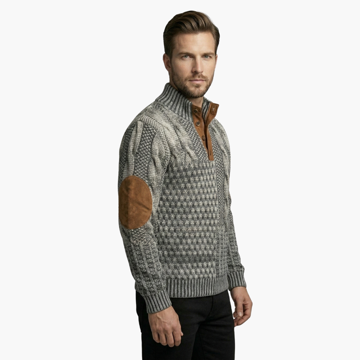 Phoebe | Elegant Men's Cable Knit Sweater With Buttoned Mock Neck
