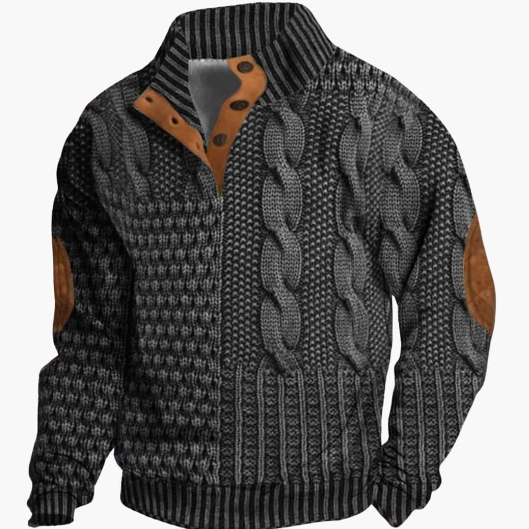 Phoebe | Elegant Men's Cable Knit Sweater With Buttoned Mock Neck