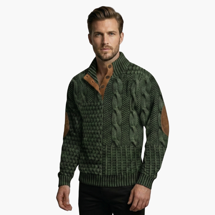 Phoebe | Elegant Men's Cable Knit Sweater With Buttoned Mock Neck