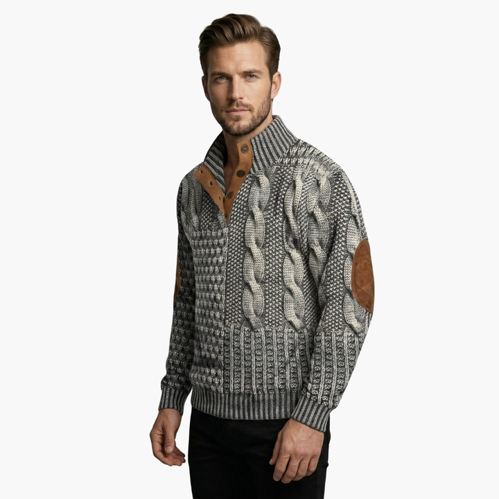 Phoebe | Elegant Men's Cable Knit Sweater With Buttoned Mock Neck