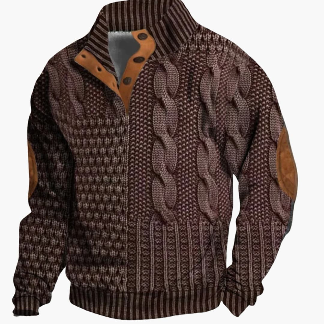 Phoebe | Elegant Men's Cable Knit Sweater With Buttoned Mock Neck