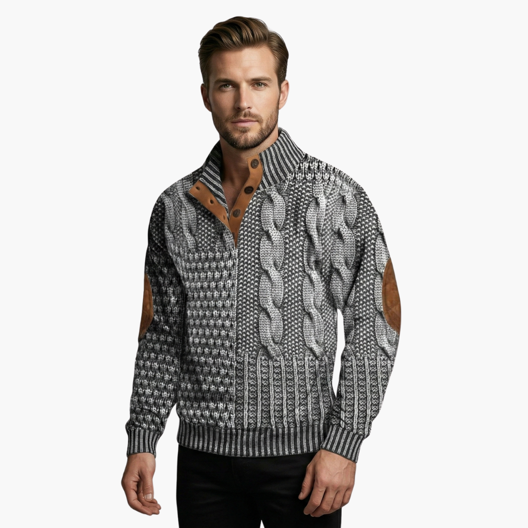 Phoebe | Elegant Men's Cable Knit Sweater With Buttoned Mock Neck