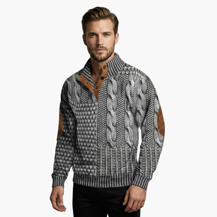 Phoebe | Elegant Men's Cable Knit Sweater With Buttoned Mock Neck