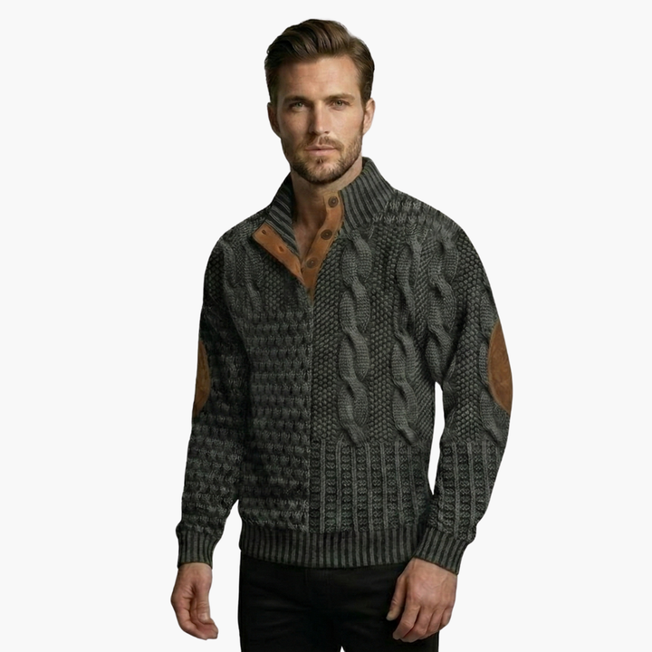 Phoebe | Elegant Men's Cable Knit Sweater With Buttoned Mock Neck