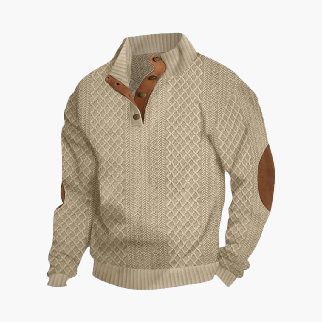 Elise | Stylish Cable Knit Button Collar Sweater With Elbow Patches