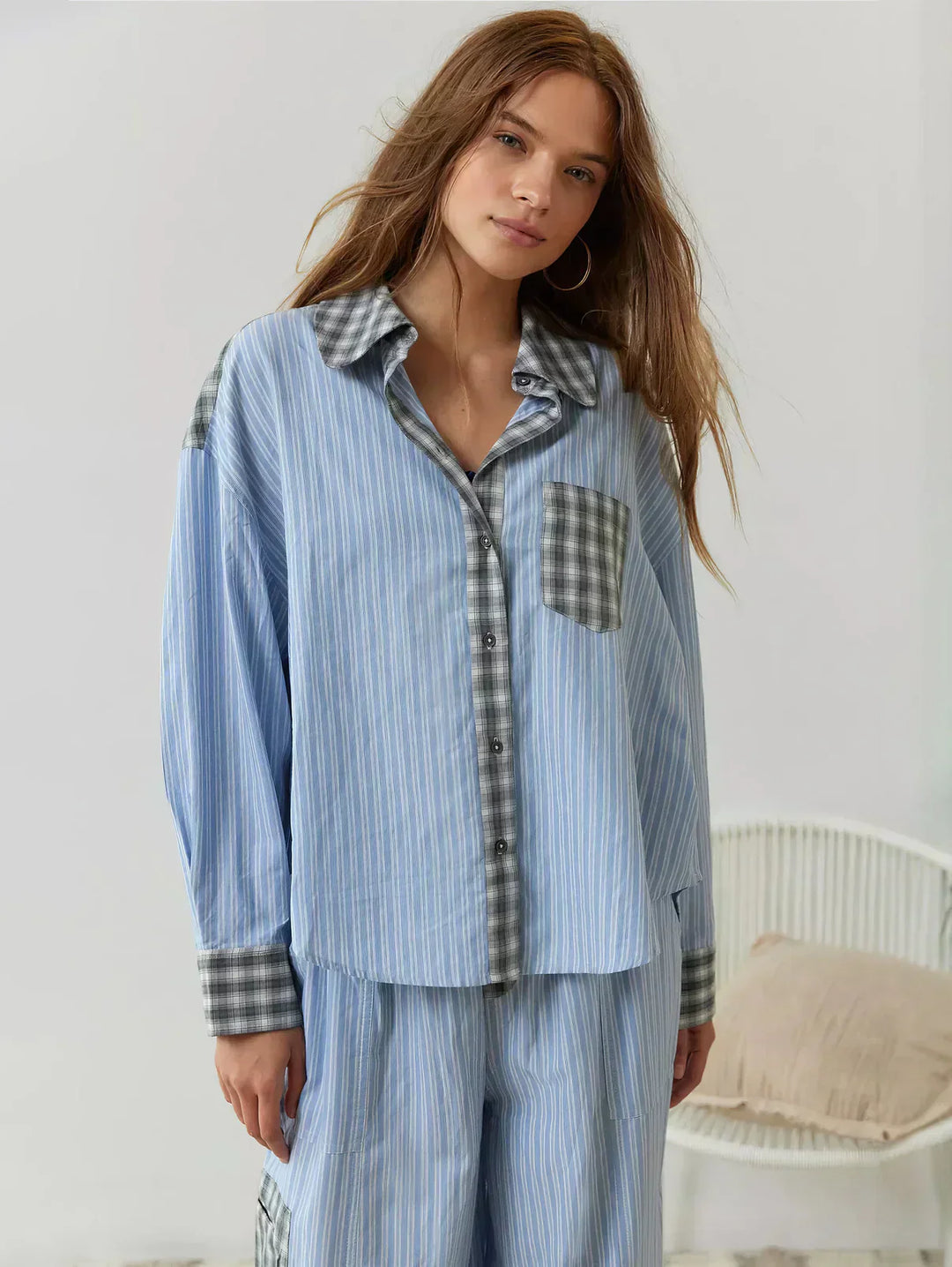 Cordelia | Chic Button-Up Plaid Pajama Set With Striped Accents