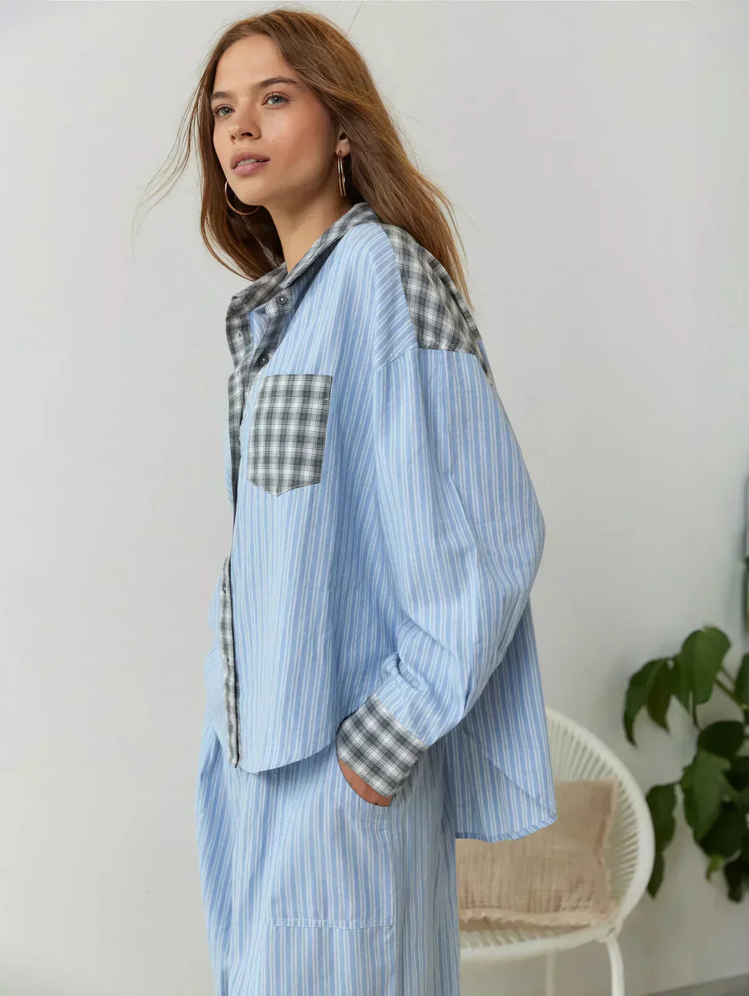 Cordelia | Chic Button-Up Plaid Pajama Set With Striped Accents