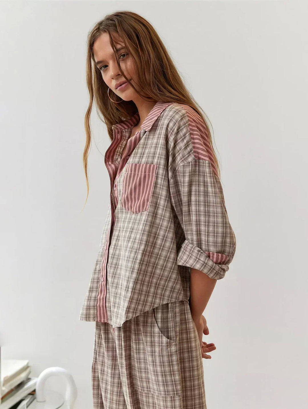 Cordelia | Chic Button-Up Plaid Pajama Set With Striped Accents