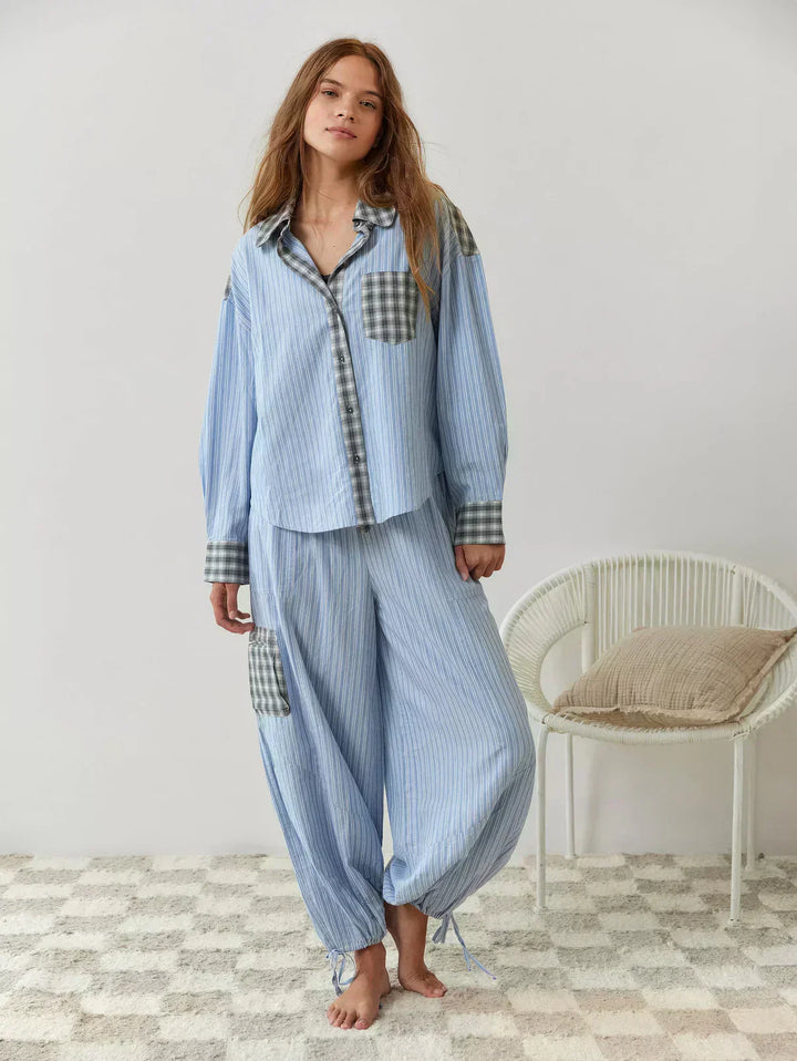 Cordelia | Chic Button-Up Plaid Pajama Set With Striped Accents