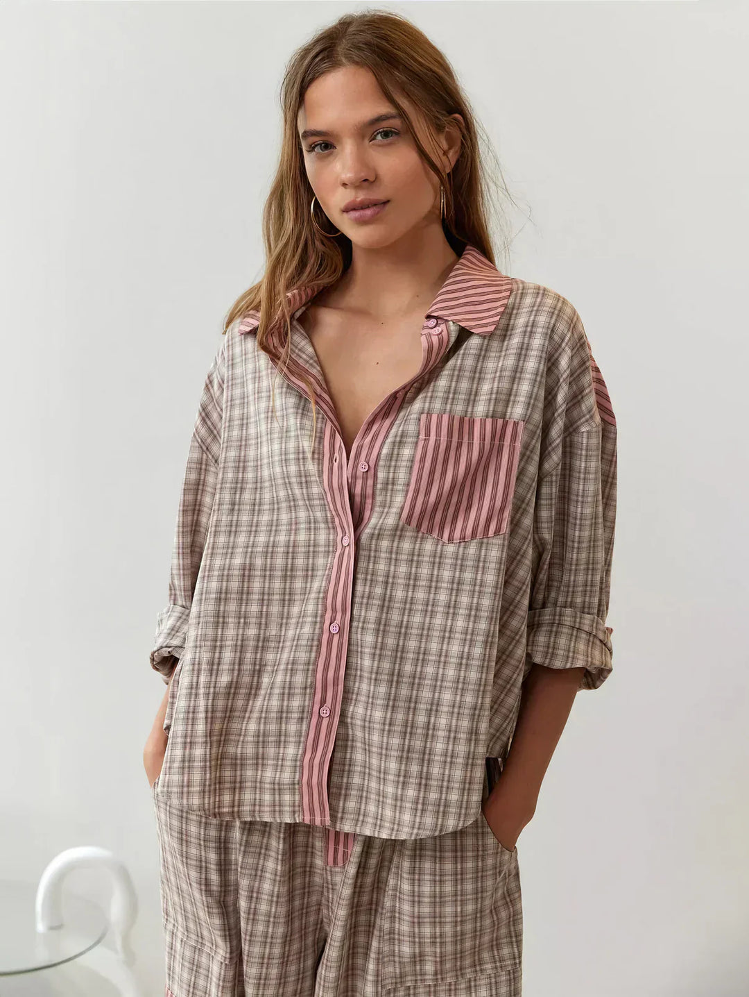 Cordelia | Chic Button-Up Plaid Pajama Set With Striped Accents