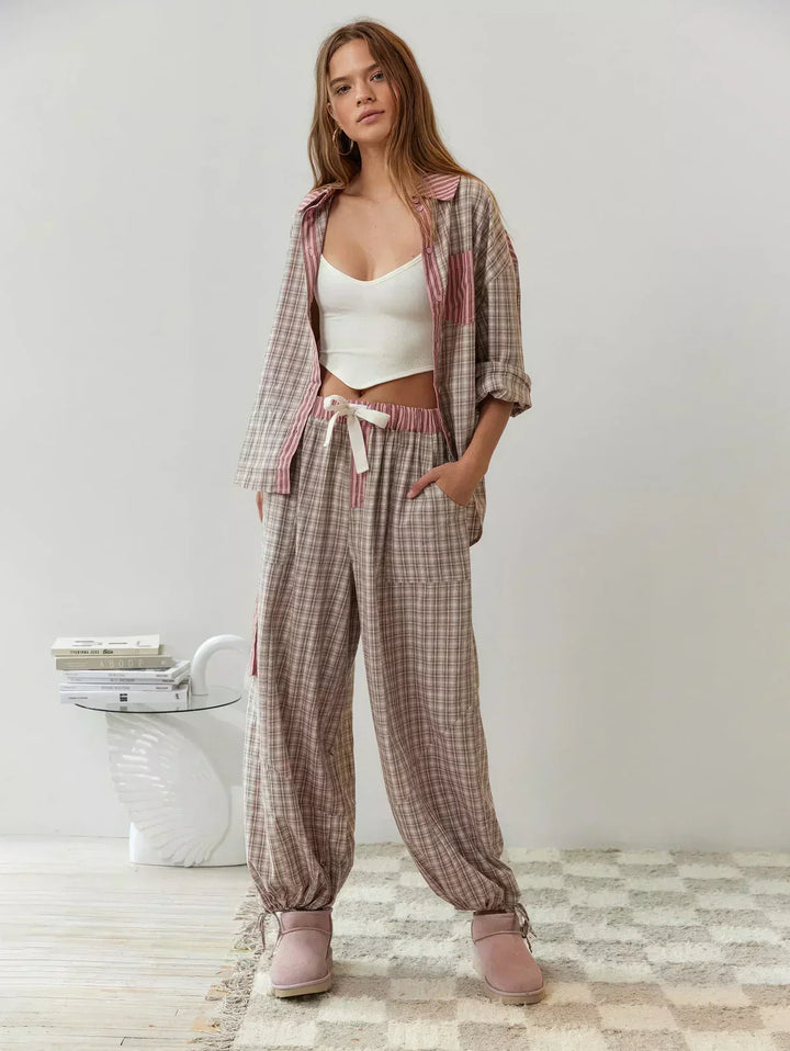 Cordelia | Chic Button-Up Plaid Pajama Set With Striped Accents
