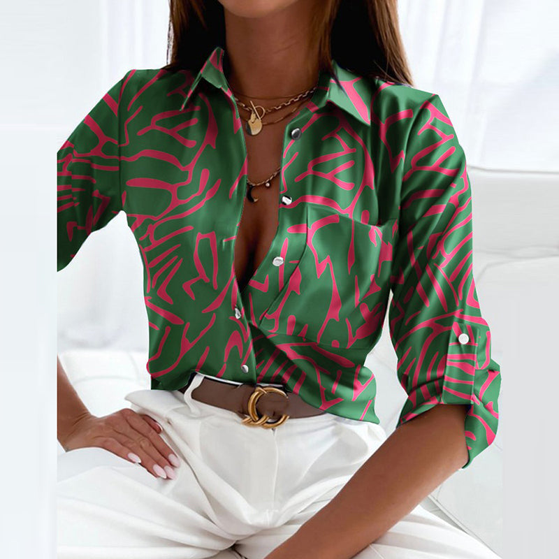 Evy | Chic Geometric Print Button-Up Blouse With Collar