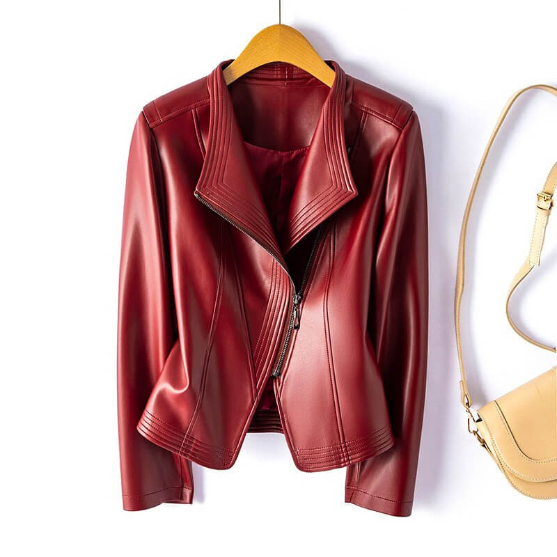 Tessa | Chic Burgundy Asymmetrical Vegan Leather Jacket