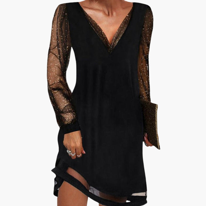 Elyse | Elegant Black Mini Dress With Sequin Sleeves And V-Neck