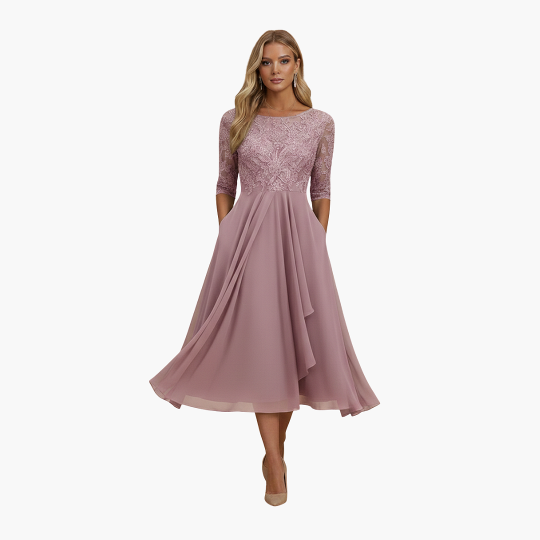 Valentina | Elegant Lace Bodice Midi Dress With Three-Quarter Sleeves