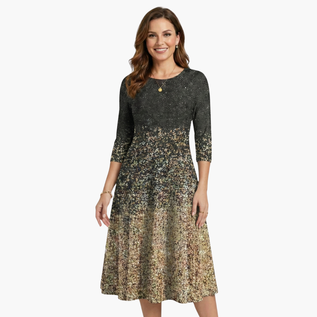 Phoebe | Elegant Sparkle Ombre Midi Dress With 3/4 Sleeves