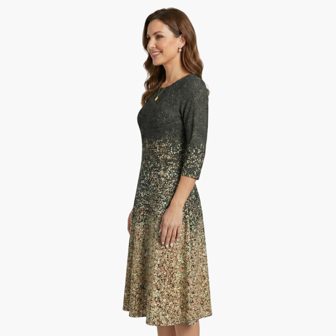 Phoebe | Elegant Sparkle Ombre Midi Dress With 3/4 Sleeves