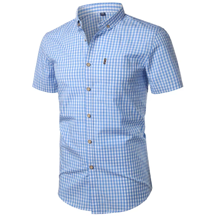 Imogen | Stylish Light Blue Gingham Short Sleeve Button-Down Shirt