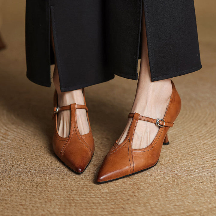 Eleanore | Elegant Pointed Toe T-Strap Leather Heels