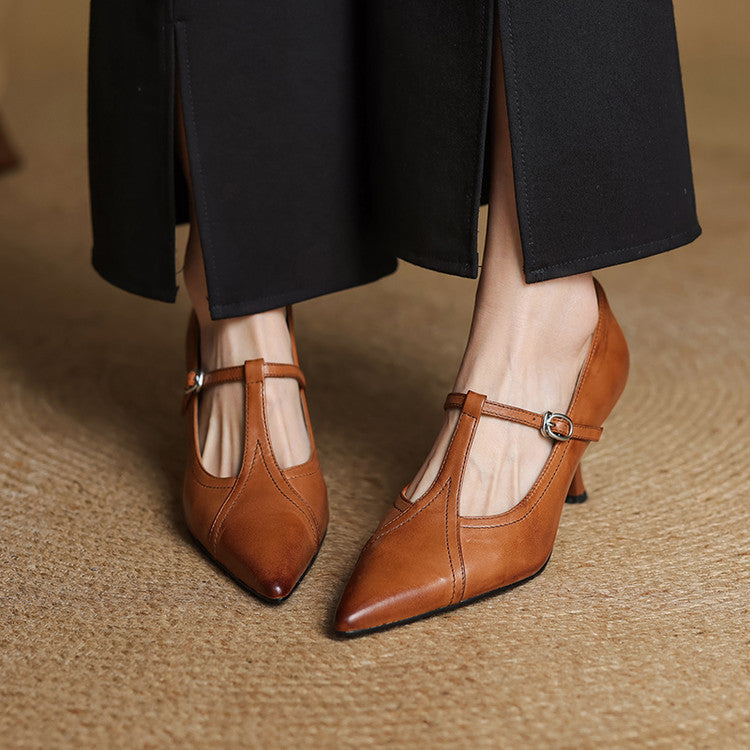 Theodora | Elegant Pointed Toe T-Strap Kitten Heels