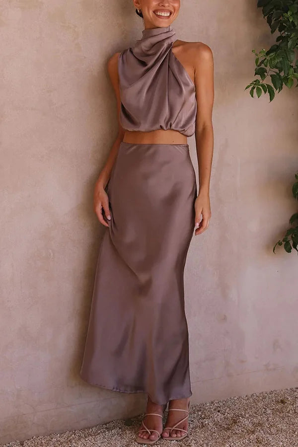 Evelyn | Chic Halter Satin Two Piece Set Sleeveless Maxi Ensemble