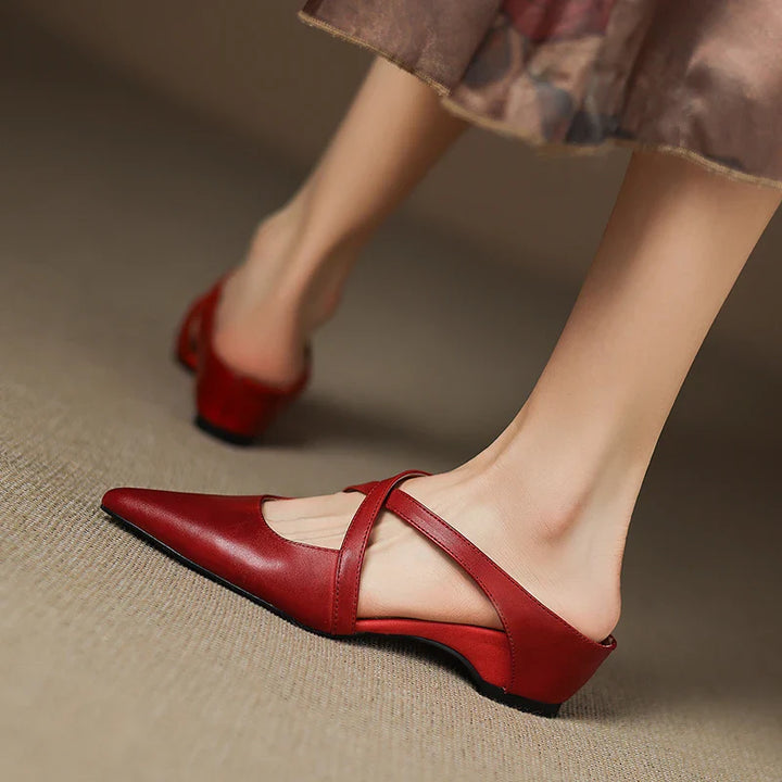 Serena | Elegant Red Leather Pointed Toe Cross-Strap Mules
