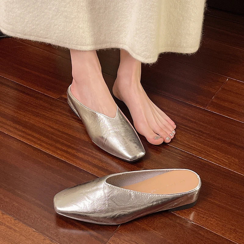 Serena | Elegant Gold Square Toe Metallic Mules With Kitten Heel