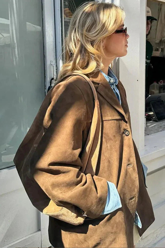 Madison | Chic Oversized Brown Suede Leather Blazer Women