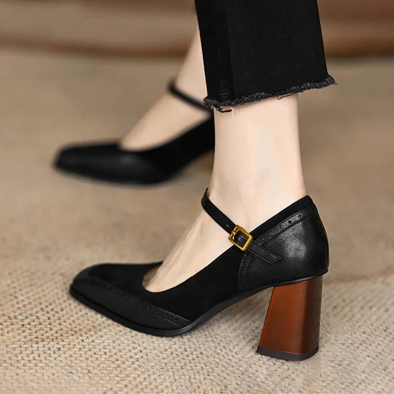 Terra | Elegant Brown Block Heel Mary Jane Pumps With Square Toe