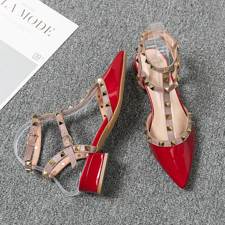 Yela | Chic Red Patent Leather Studded Block Heels With Ankle Straps