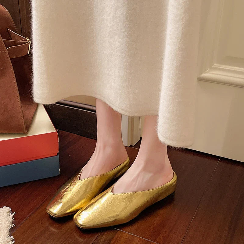 Serena | Elegant Gold Square Toe Metallic Mules With Kitten Heel